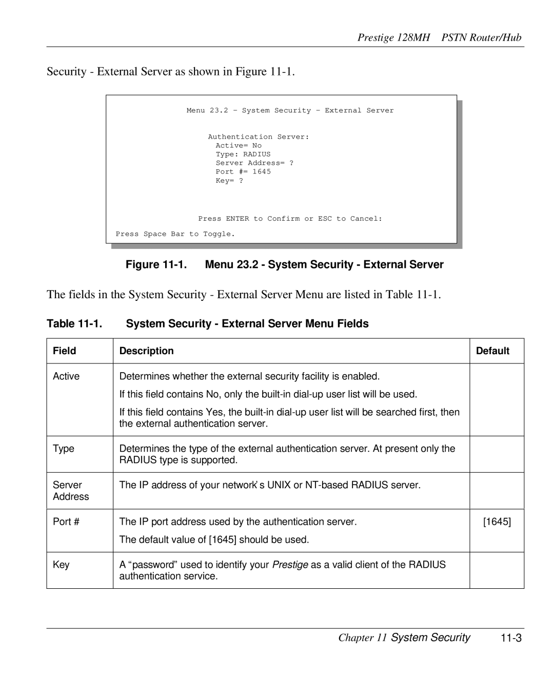 ZyXEL Communications 128MH user manual System Security External Server Menu Fields, System Security 11-3 