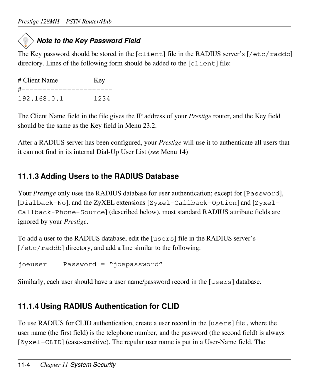 ZyXEL Communications 128MH user manual Adding Users to the Radius Database, Using Radius Authentication for Clid 