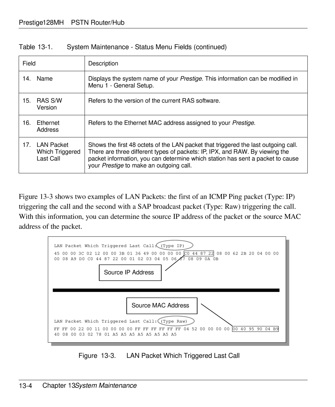 ZyXEL Communications 128MH user manual LAN Packet Which Triggered Last Call, 13-4Chapter 13 System Maintenance 