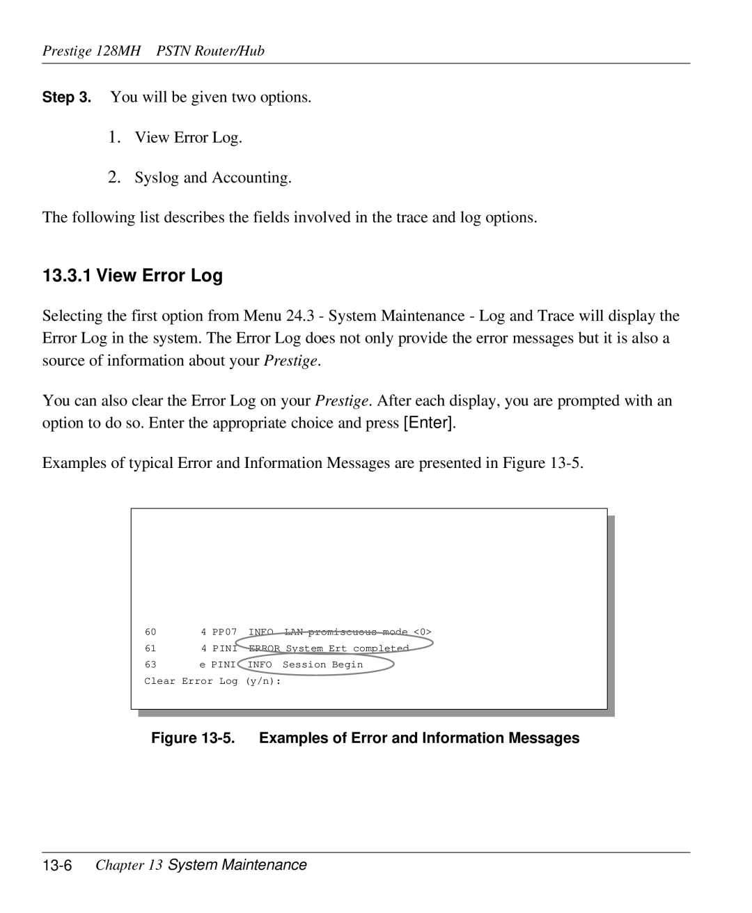 ZyXEL Communications 128MH user manual View Error Log, 13-6Chapter 13 System Maintenance 