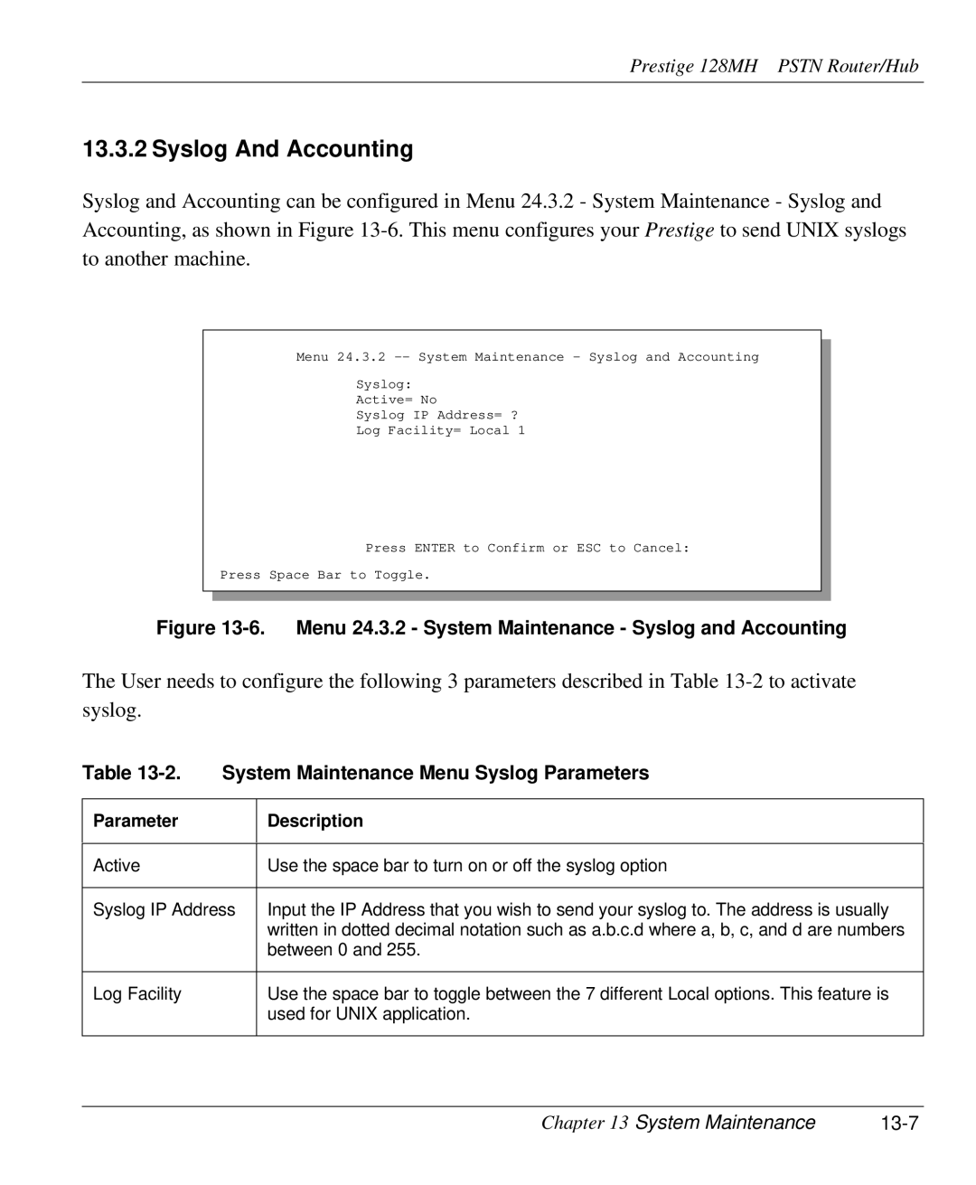 ZyXEL Communications 128MH Syslog And Accounting, System Maintenance Menu Syslog Parameters, System Maintenance 13-7 