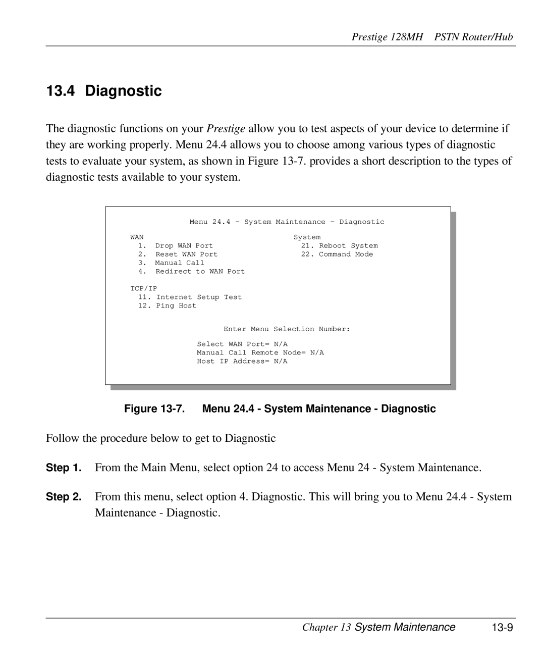 ZyXEL Communications 128MH user manual Diagnostic, System Maintenance 13-9 