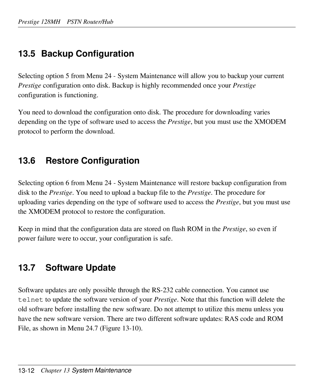 ZyXEL Communications 128MH user manual Backup Configuration, Restore Configuration, Software Update 