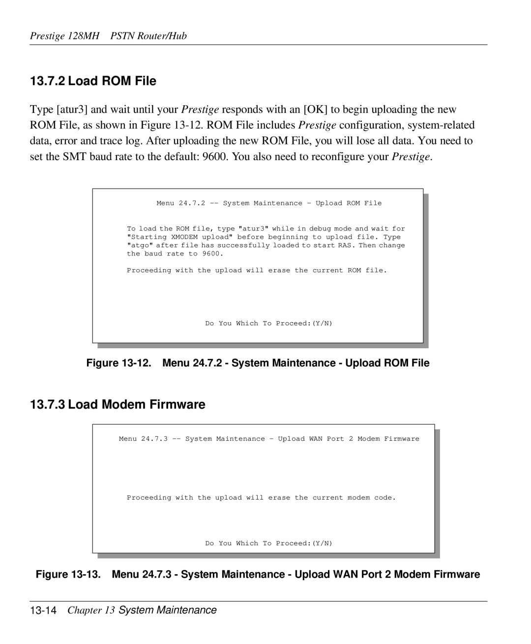 ZyXEL Communications 128MH user manual Load ROM File, Load Modem Firmware, 13-14Chapter 13 System Maintenance 