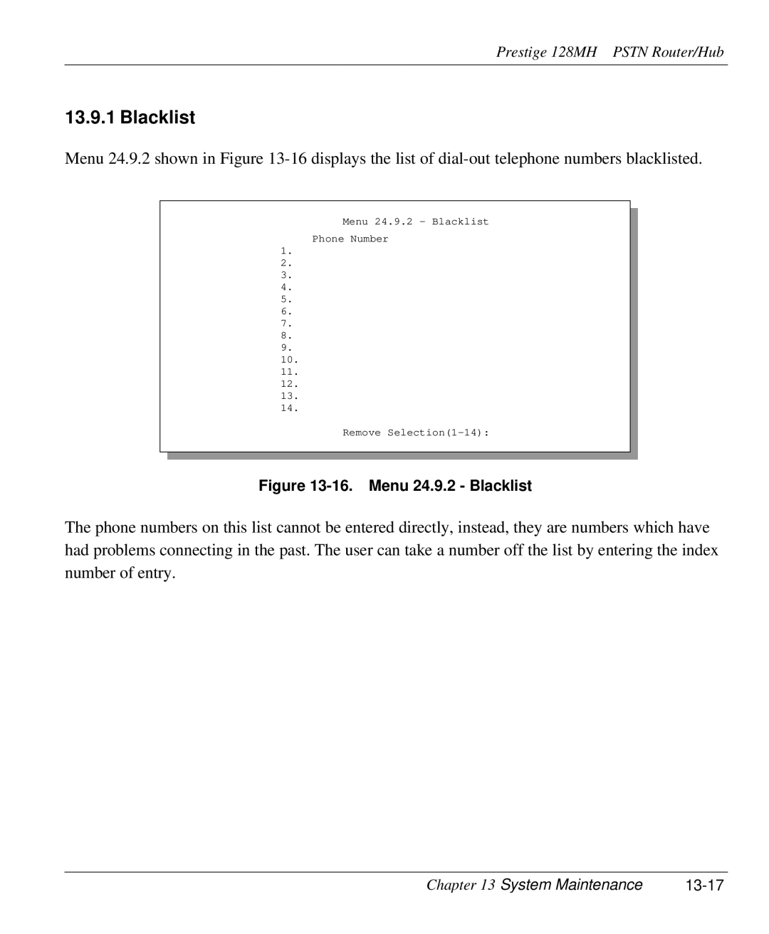 ZyXEL Communications 128MH user manual Blacklist, System Maintenance 13-17 