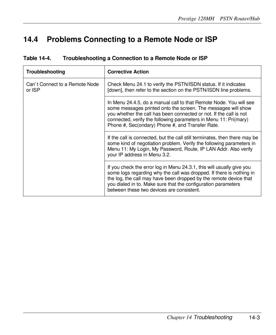 ZyXEL Communications 128MH user manual Problems Connecting to a Remote Node or ISP, Troubleshooting 14-3 