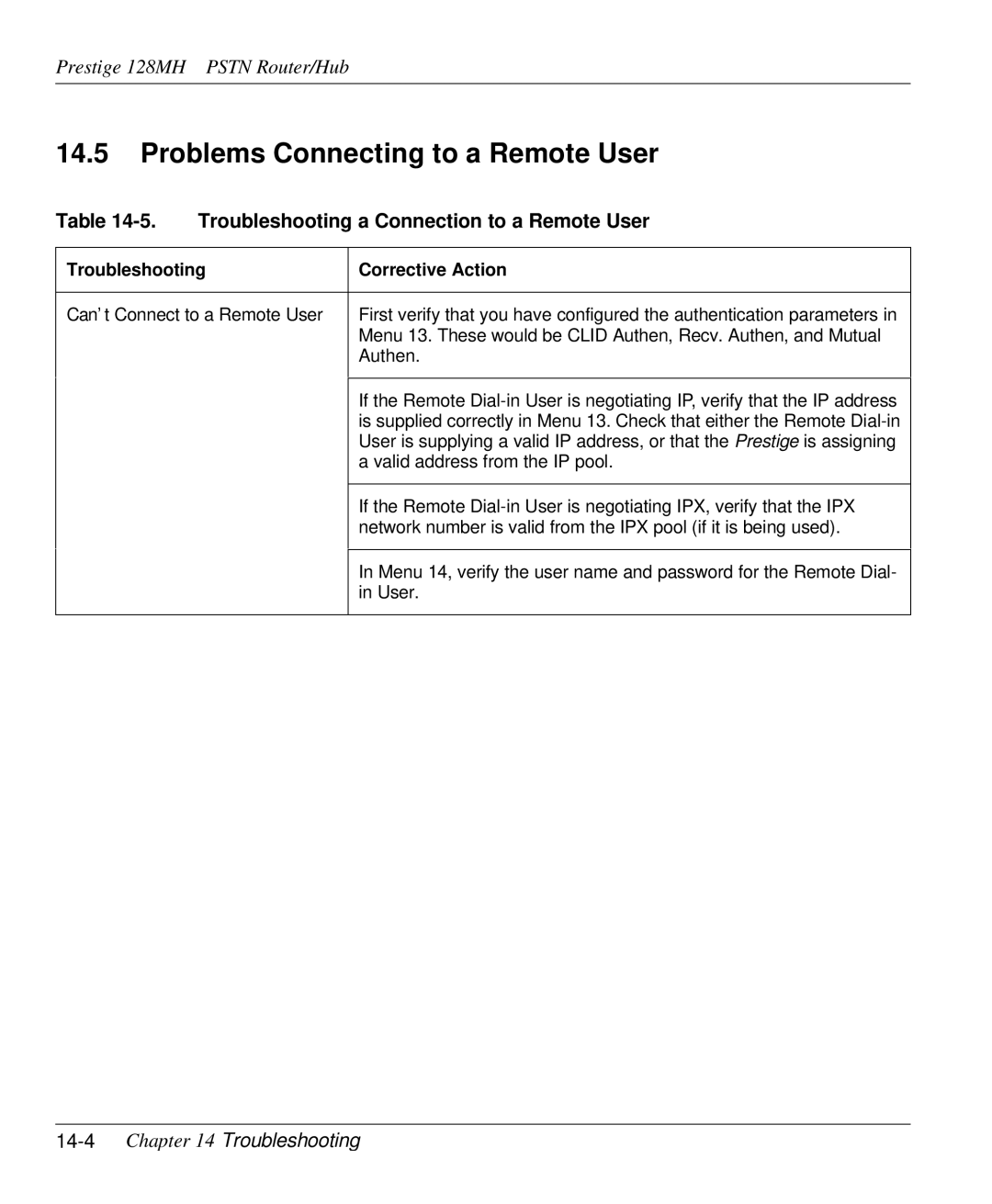 ZyXEL Communications 128MH user manual Problems Connecting to a Remote User, Troubleshooting a Connection to a Remote User 