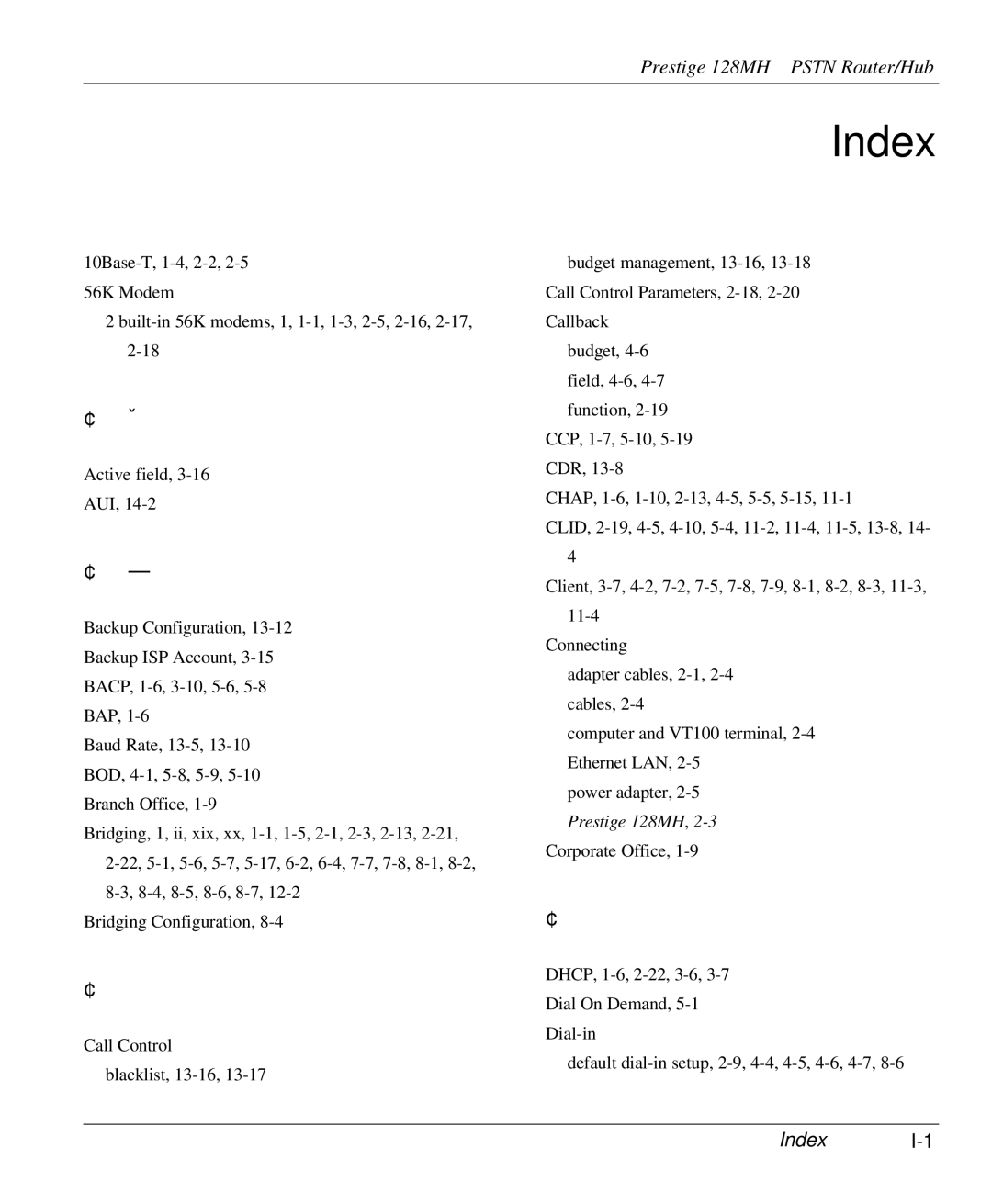 ZyXEL Communications 128MH user manual Index 