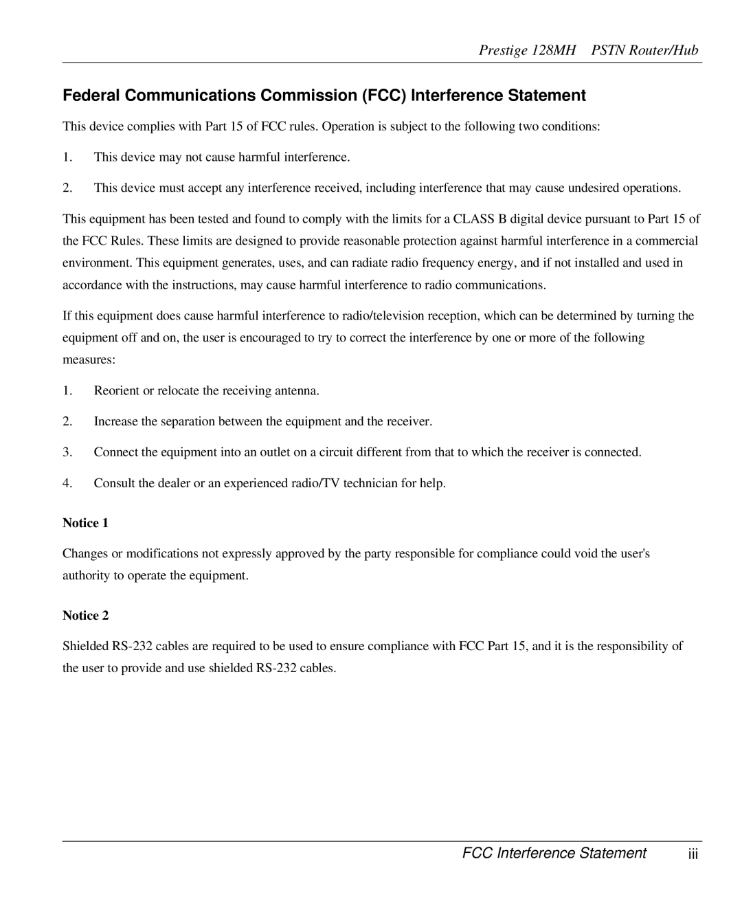 ZyXEL Communications 128MH Federal Communications Commission FCC Interference Statement, FCC Interference Statement Iii 