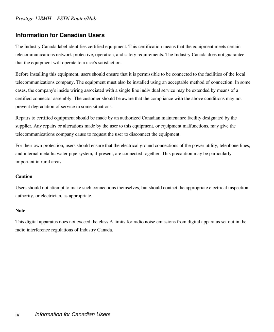 ZyXEL Communications 128MH user manual Iv Information for Canadian Users 