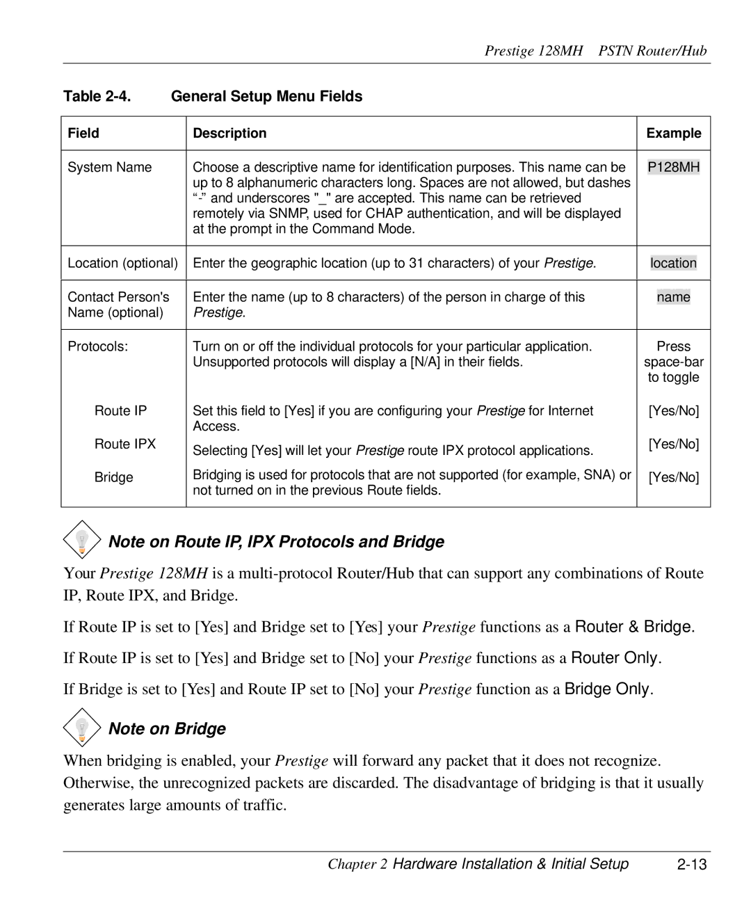 ZyXEL Communications 128MH user manual General Setup Menu Fields, Field Description Example 