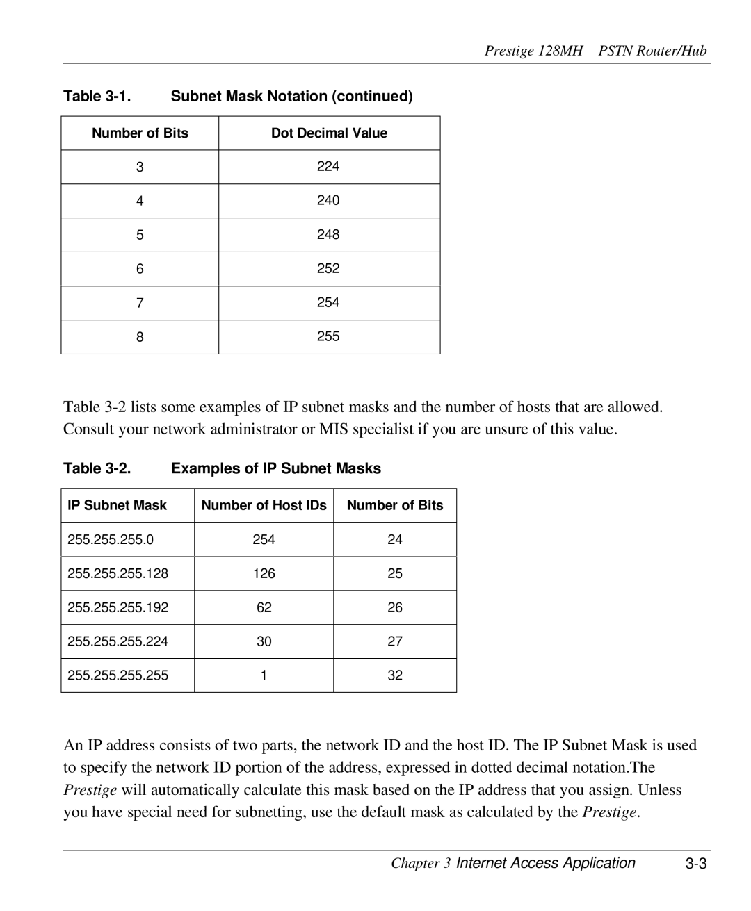 ZyXEL Communications 128MH user manual Examples of IP Subnet Masks, Number of Bits Dot Decimal Value 