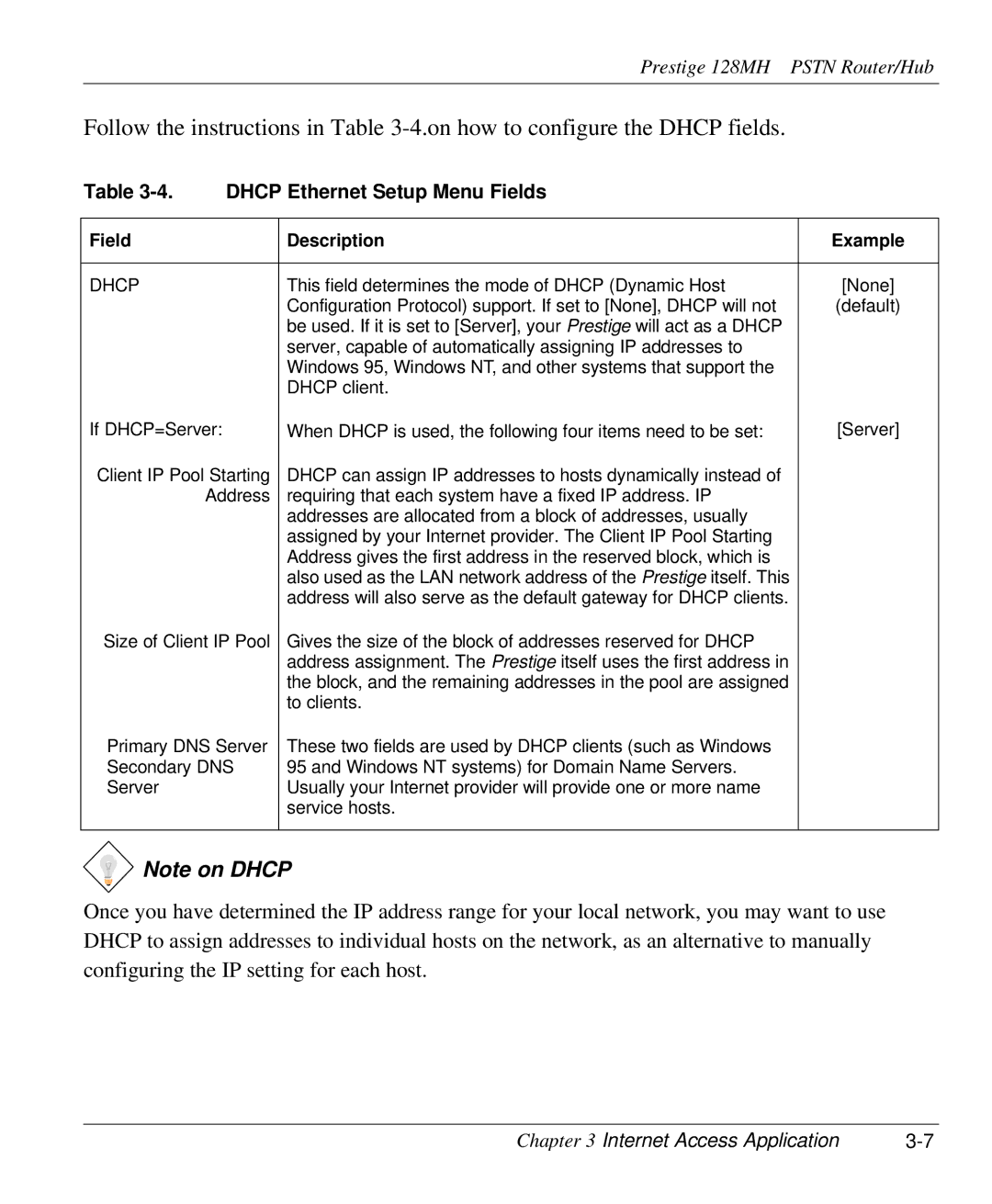 ZyXEL Communications 128MH user manual Dhcp Ethernet Setup Menu Fields 