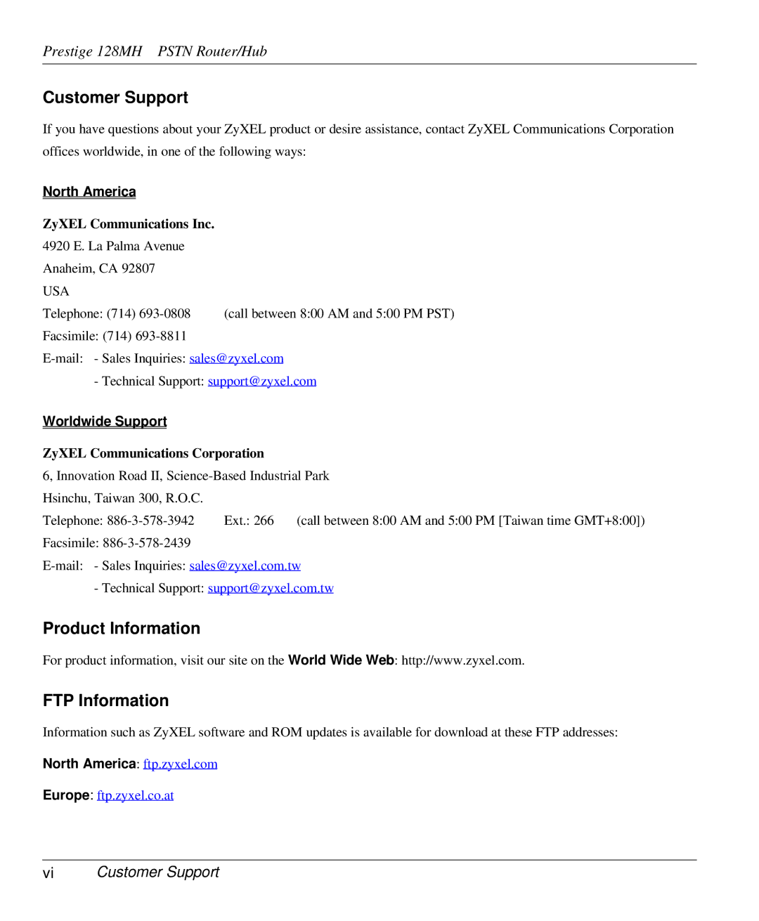 ZyXEL Communications 128MH user manual Product Information FTP Information, Vi Customer Support 