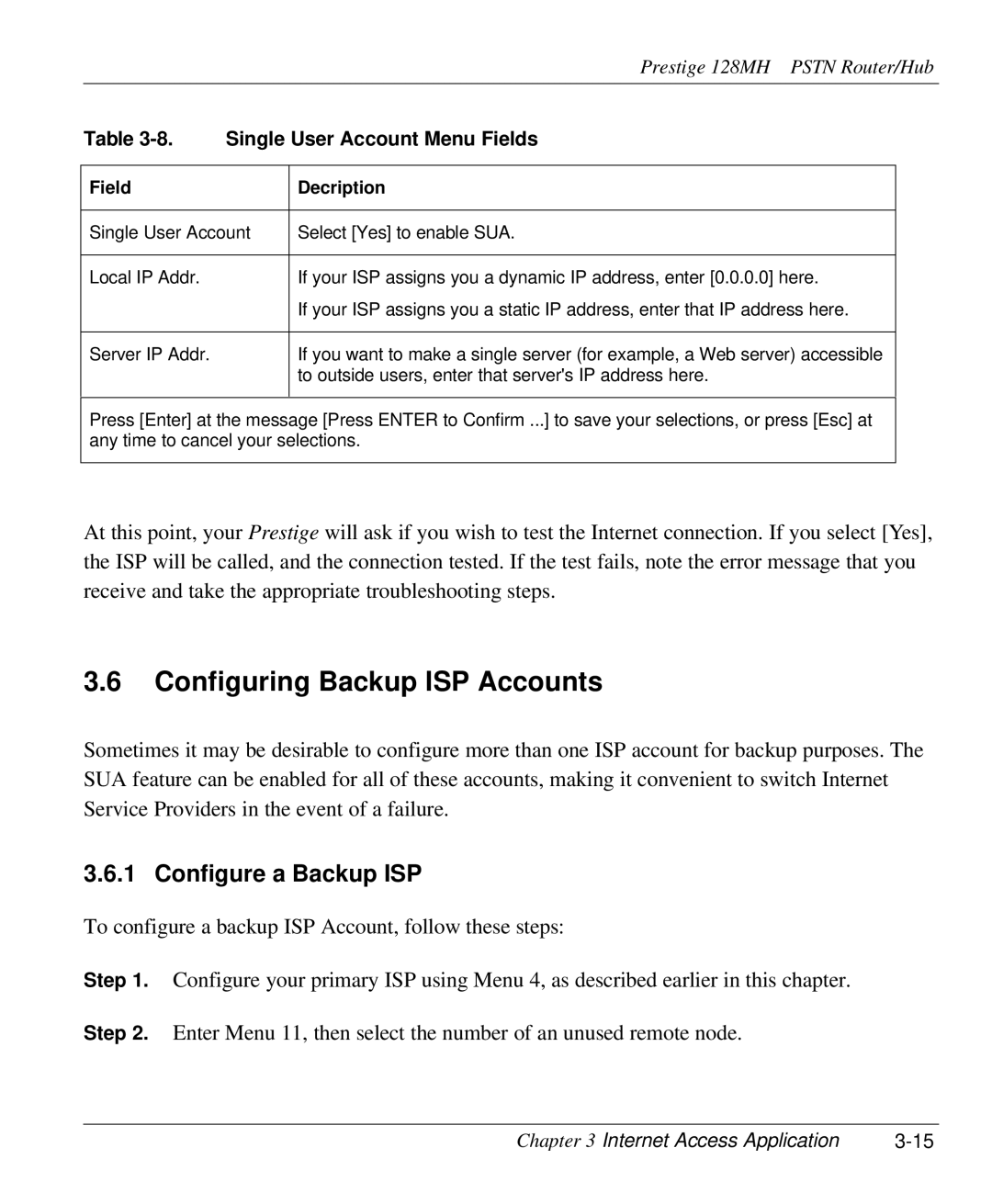 ZyXEL Communications 128MH Configuring Backup ISP Accounts, Configure a Backup ISP, Single User Account Menu Fields 