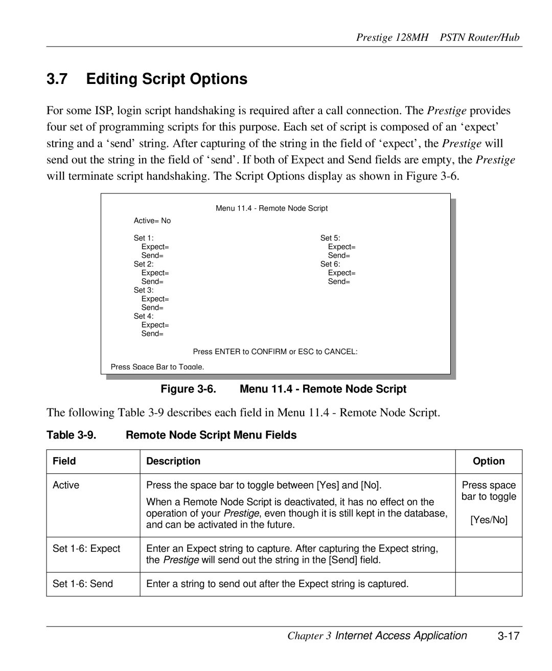 ZyXEL Communications 128MH user manual Editing Script Options, Remote Node Script Menu Fields, Field Description Option 