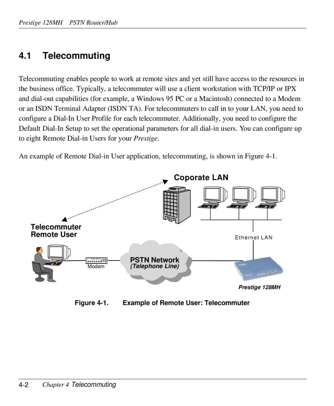 ZyXEL Communications 128MH user manual Coporate LAN, Telecommuter Remote User, 2Chapter 4 Telecommuting 