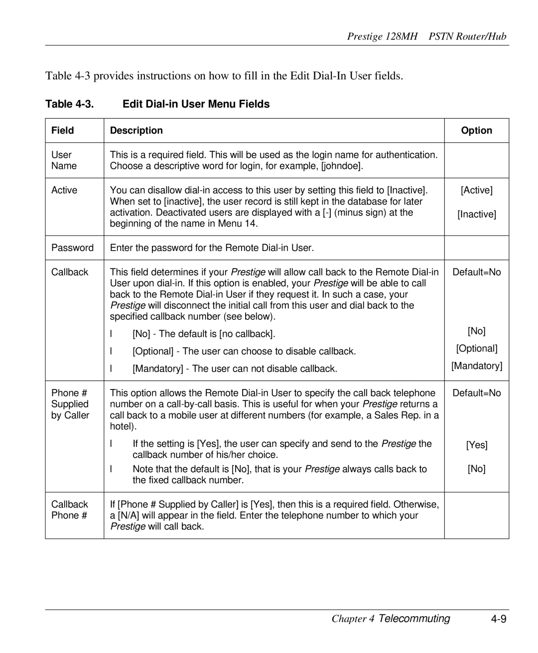 ZyXEL Communications 128MH user manual Edit Dial-in User Menu Fields 