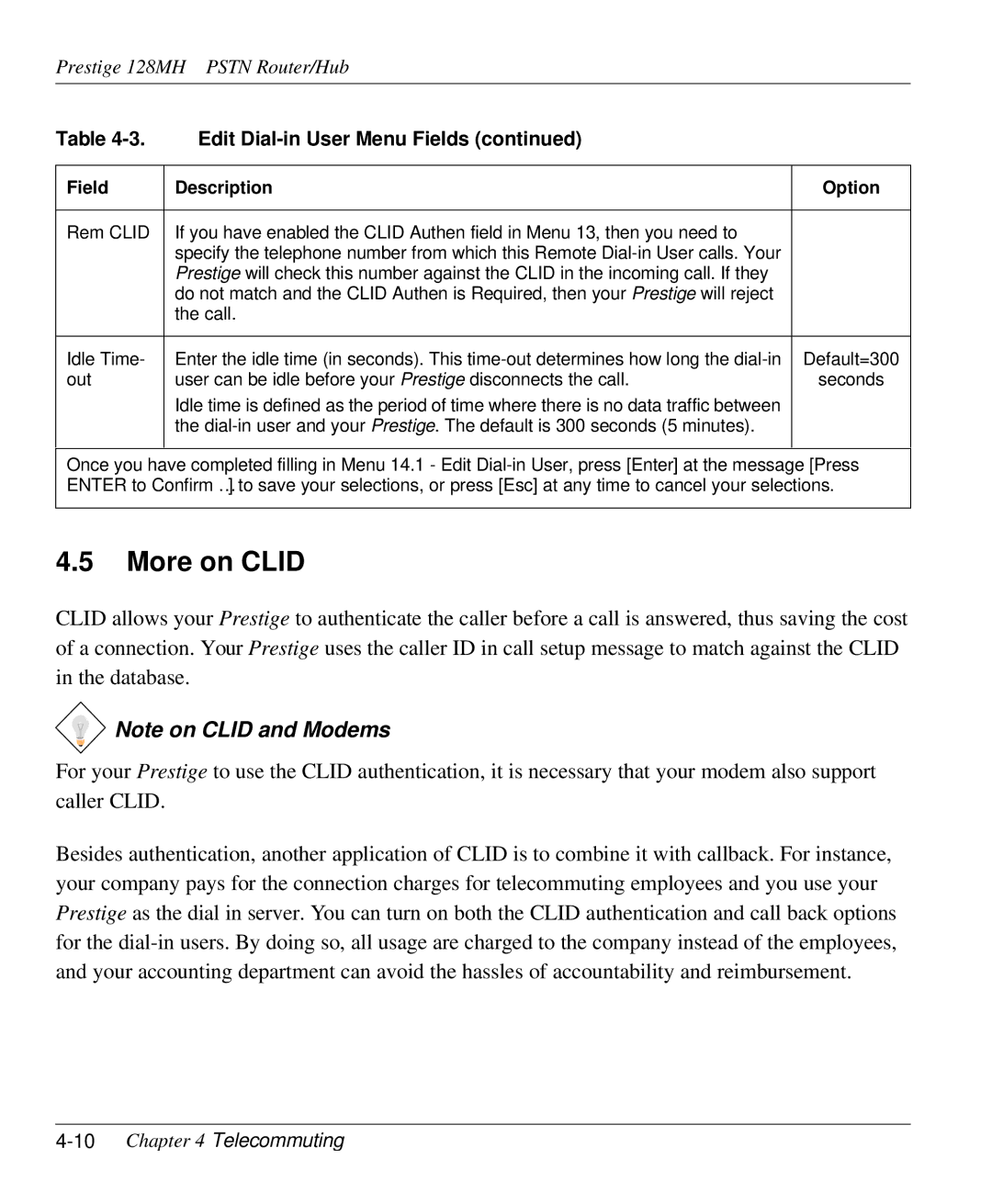 ZyXEL Communications 128MH user manual More on Clid, 10Chapter 4 Telecommuting 