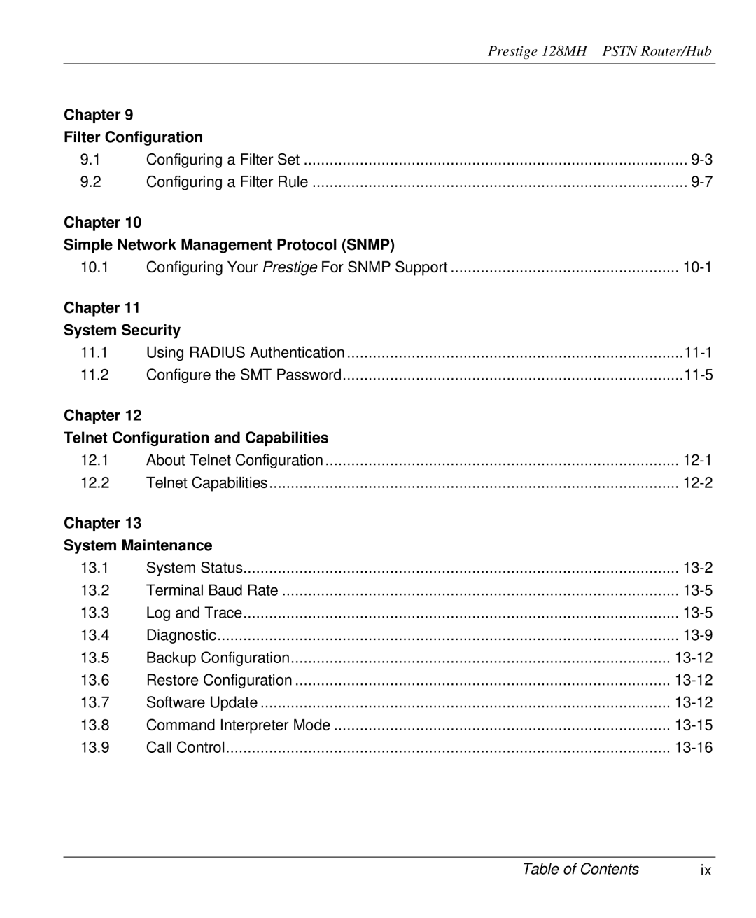 ZyXEL Communications 128MH user manual Chapter Filter Configuration, Chapter Simple Network Management Protocol Snmp 