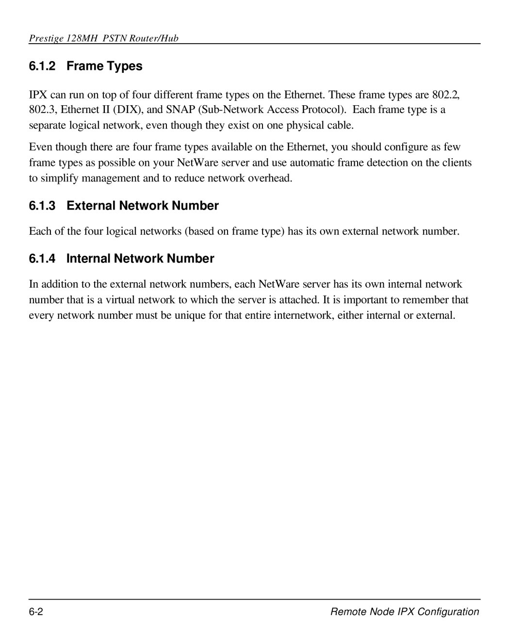 ZyXEL Communications 128MH user manual Frame Types, External Network Number, Internal Network Number 