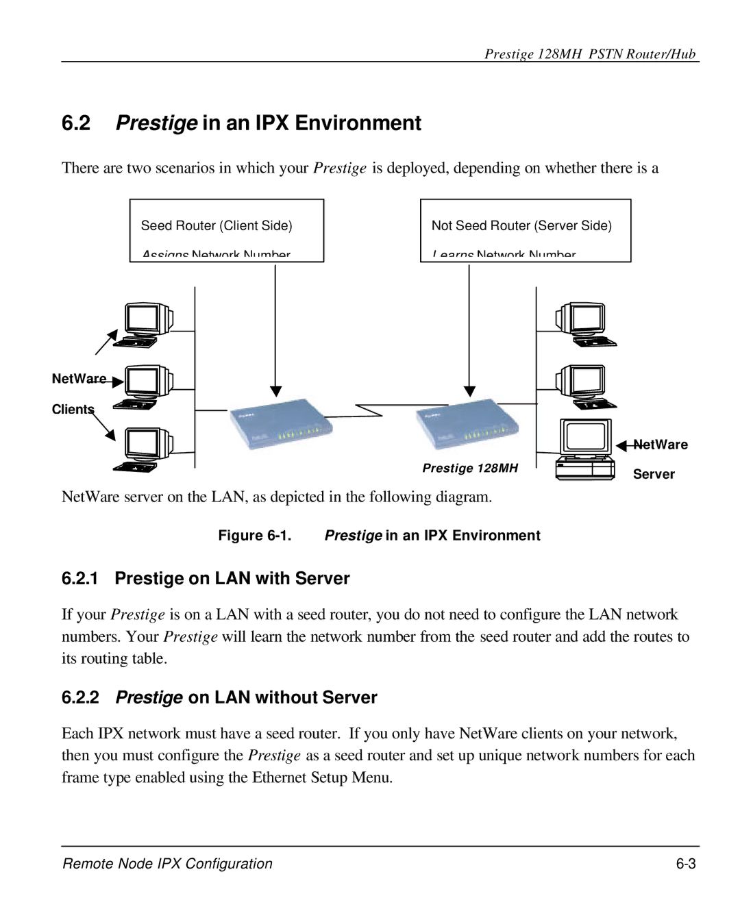 ZyXEL Communications 128MH Prestige in an IPX Environment, Prestige on LAN with Server, Prestige on LAN without Server 