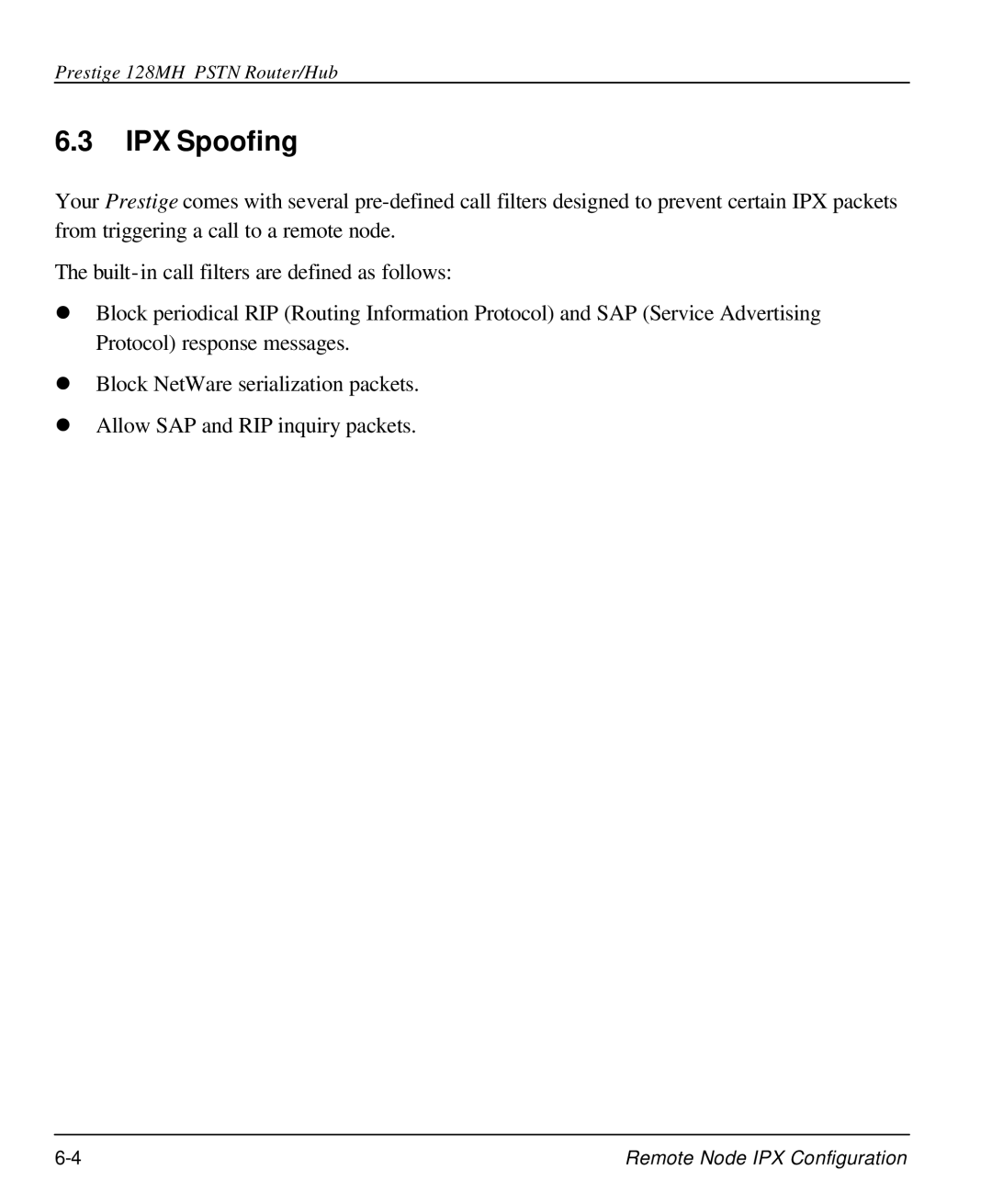 ZyXEL Communications 128MH user manual IPX Spoofing 