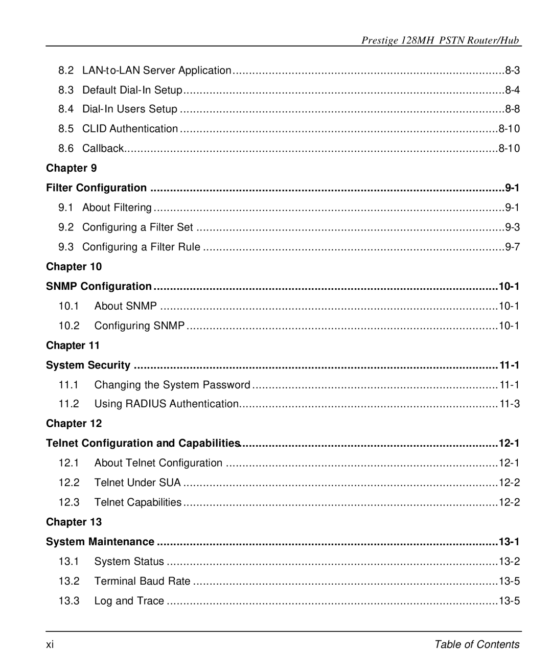 ZyXEL Communications 128MH user manual 10-1, Chapter System Security 11-1, 12-1, 13-1 