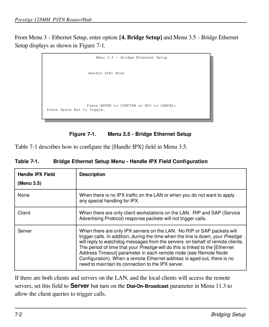 ZyXEL Communications 128MH Bridge Ethernet Setup Menu Handle IPX Field Configuration, Handle IPX Field Description Menu 