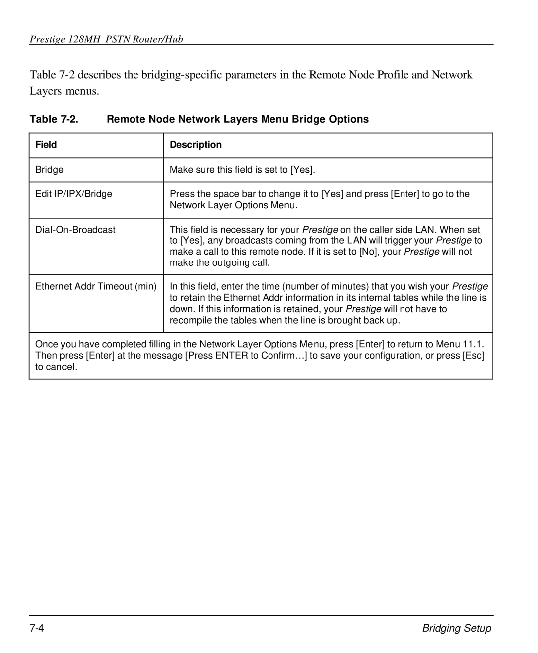 ZyXEL Communications 128MH user manual Remote Node Network Layers Menu Bridge Options, Field Description 