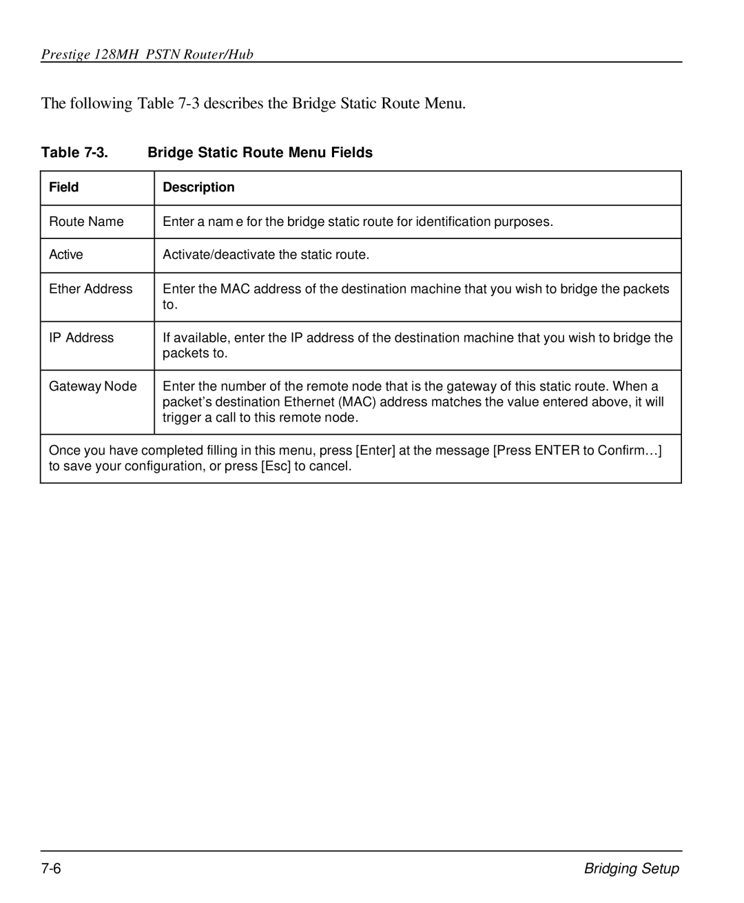 ZyXEL Communications 128MH user manual Following -3 describes the Bridge Static Route Menu, Bridge Static Route Menu Fields 