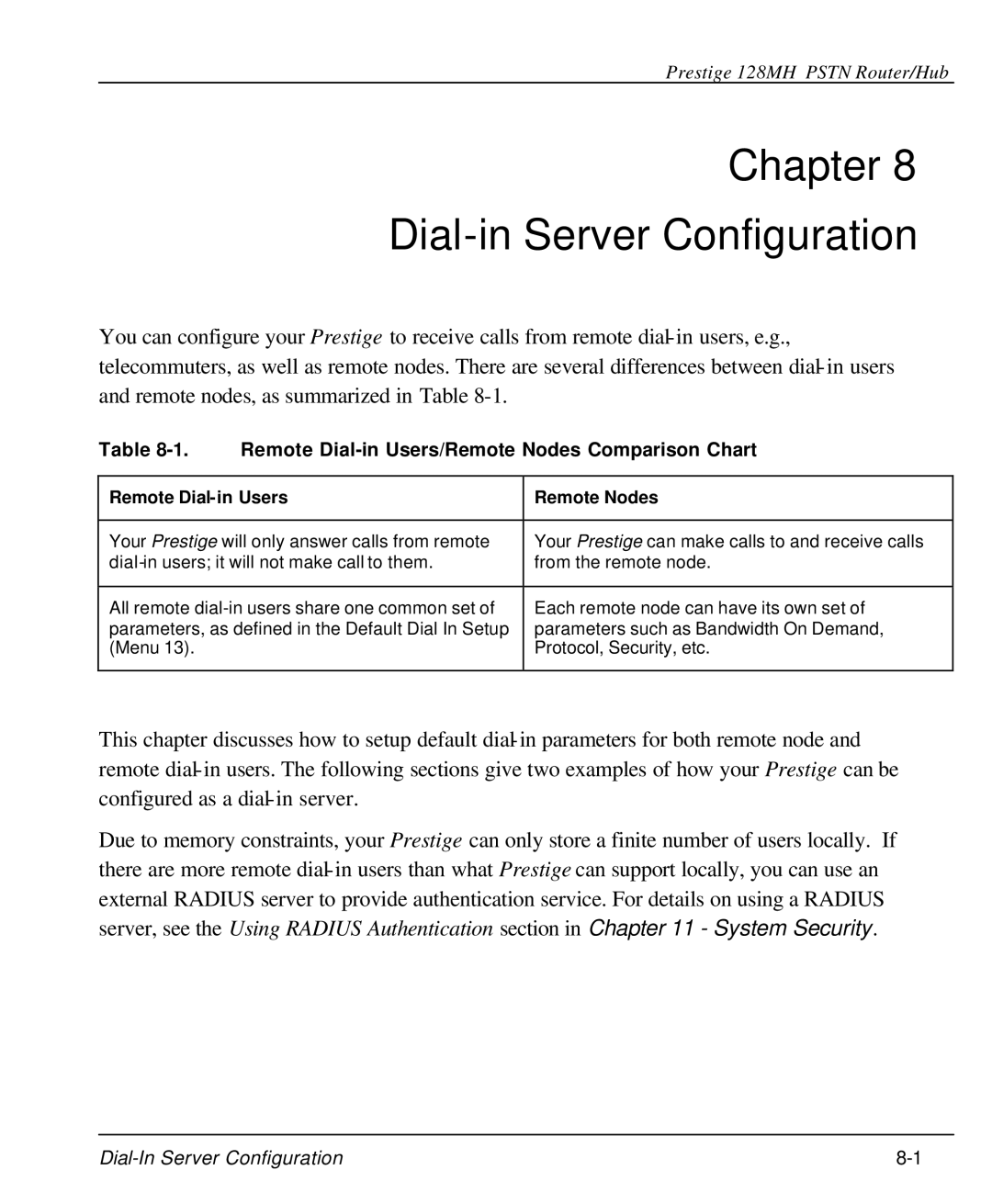 ZyXEL Communications 128MH Chapter Dial-in Server Configuration, Remote Dial-in Users/Remote Nodes Comparison Chart 