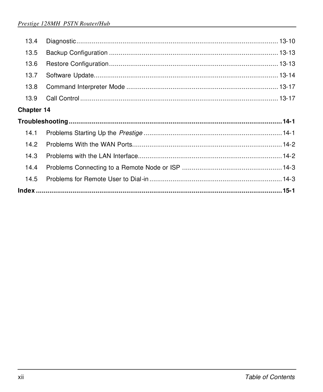 ZyXEL Communications 128MH user manual 14-1, 15-1, Troubleshooting, Index 