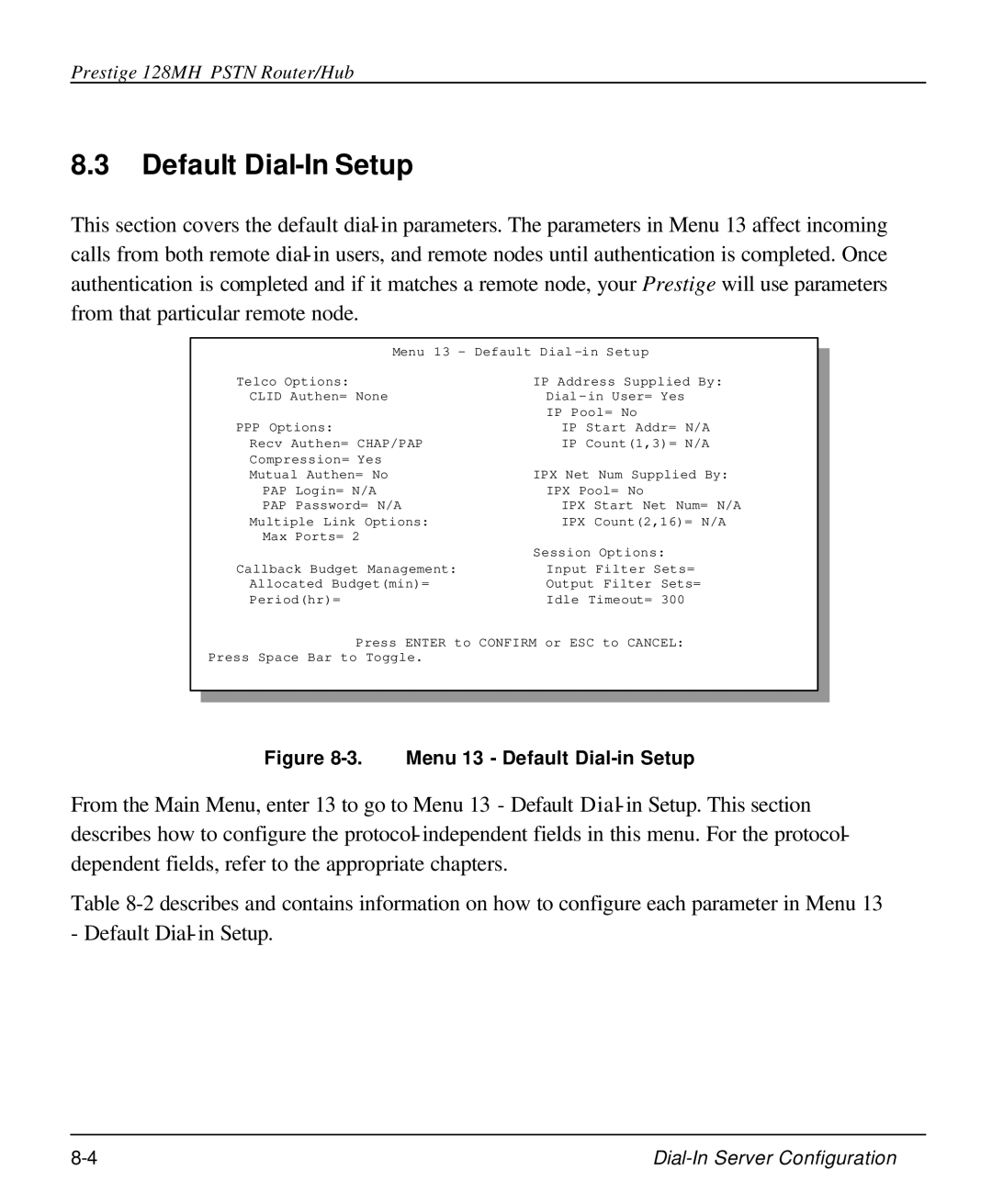 ZyXEL Communications 128MH user manual Default Dial-In Setup, Menu 13 Default Dial-in Setup 