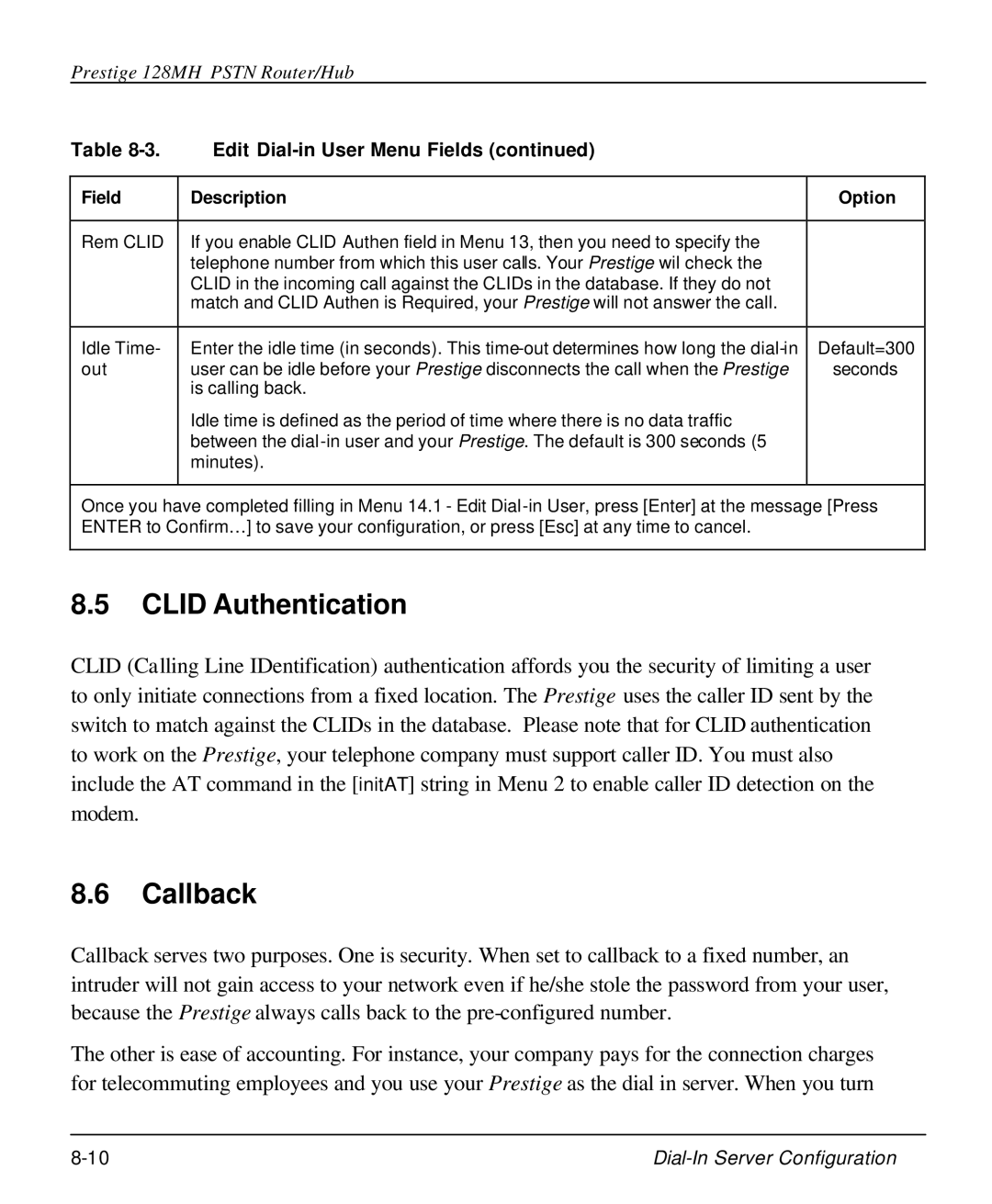 ZyXEL Communications 128MH user manual Clid Authentication, Callback 