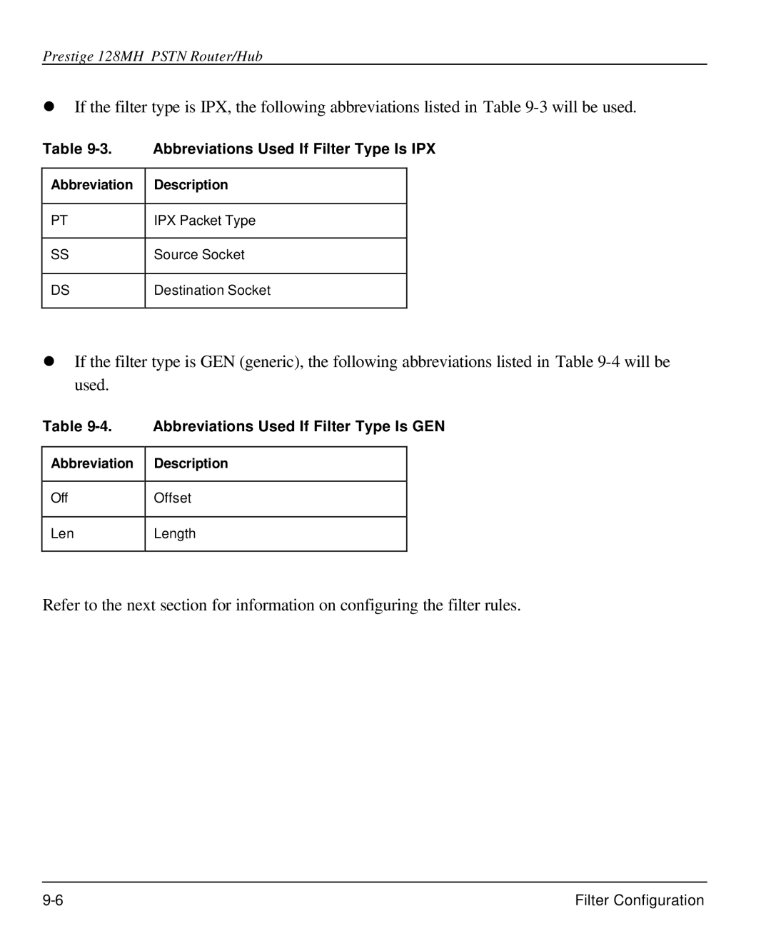 ZyXEL Communications 128MH user manual Abbreviations Used If Filter Type Is IPX, Abbreviations Used If Filter Type Is GEN 