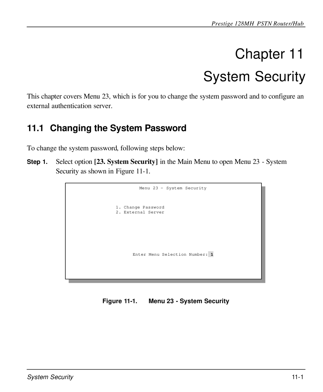 ZyXEL Communications 128MH user manual Chapter System Security, Menu 23 System Security 