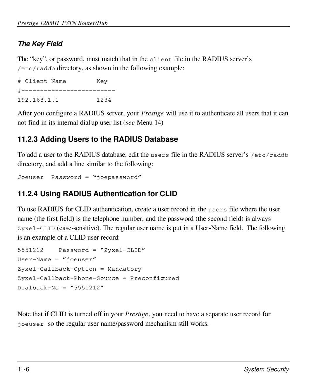 ZyXEL Communications 128MH user manual Adding Users to the Radius Database, Using Radius Authentication for Clid 