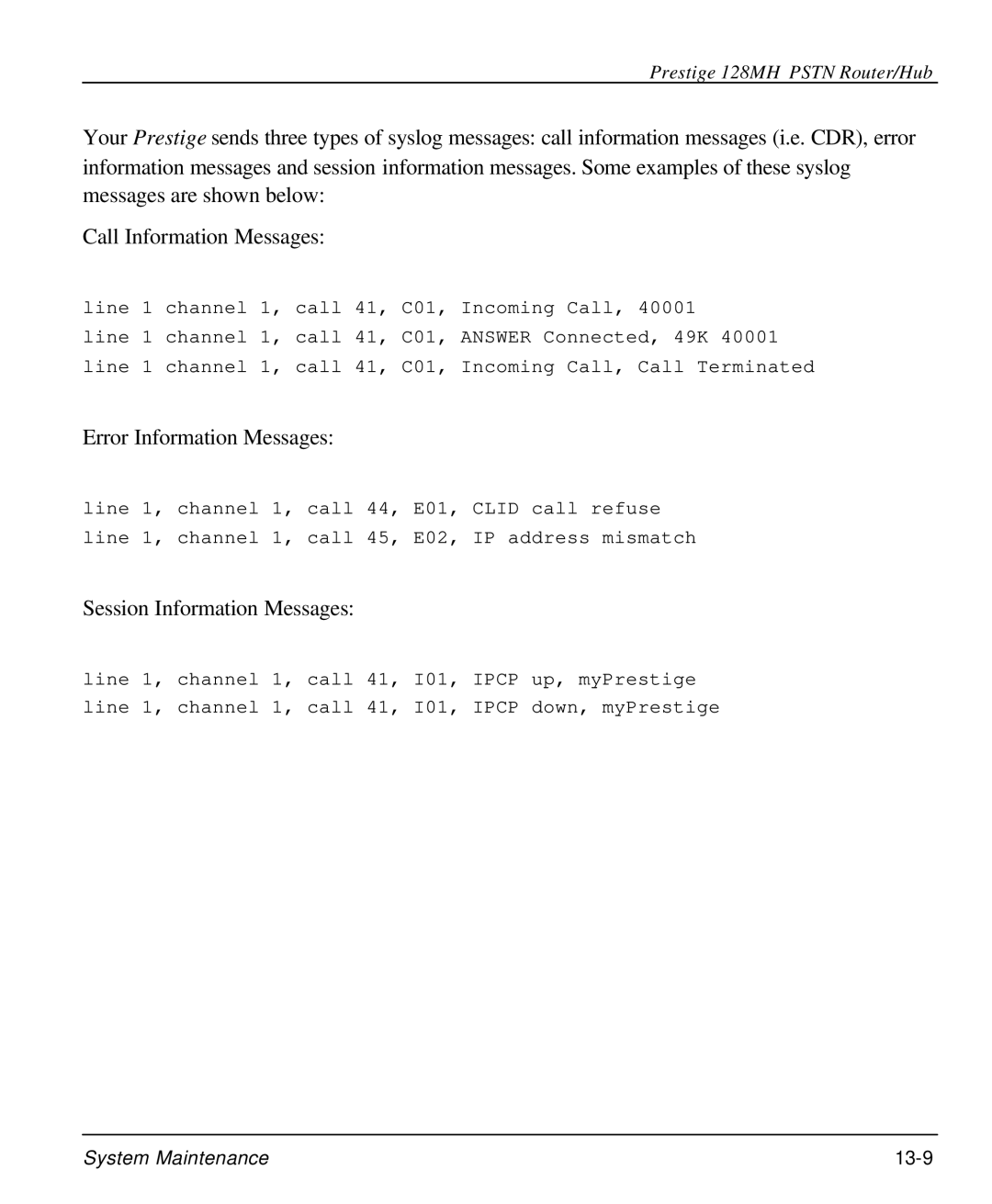 ZyXEL Communications 128MH user manual Error Information Messages 