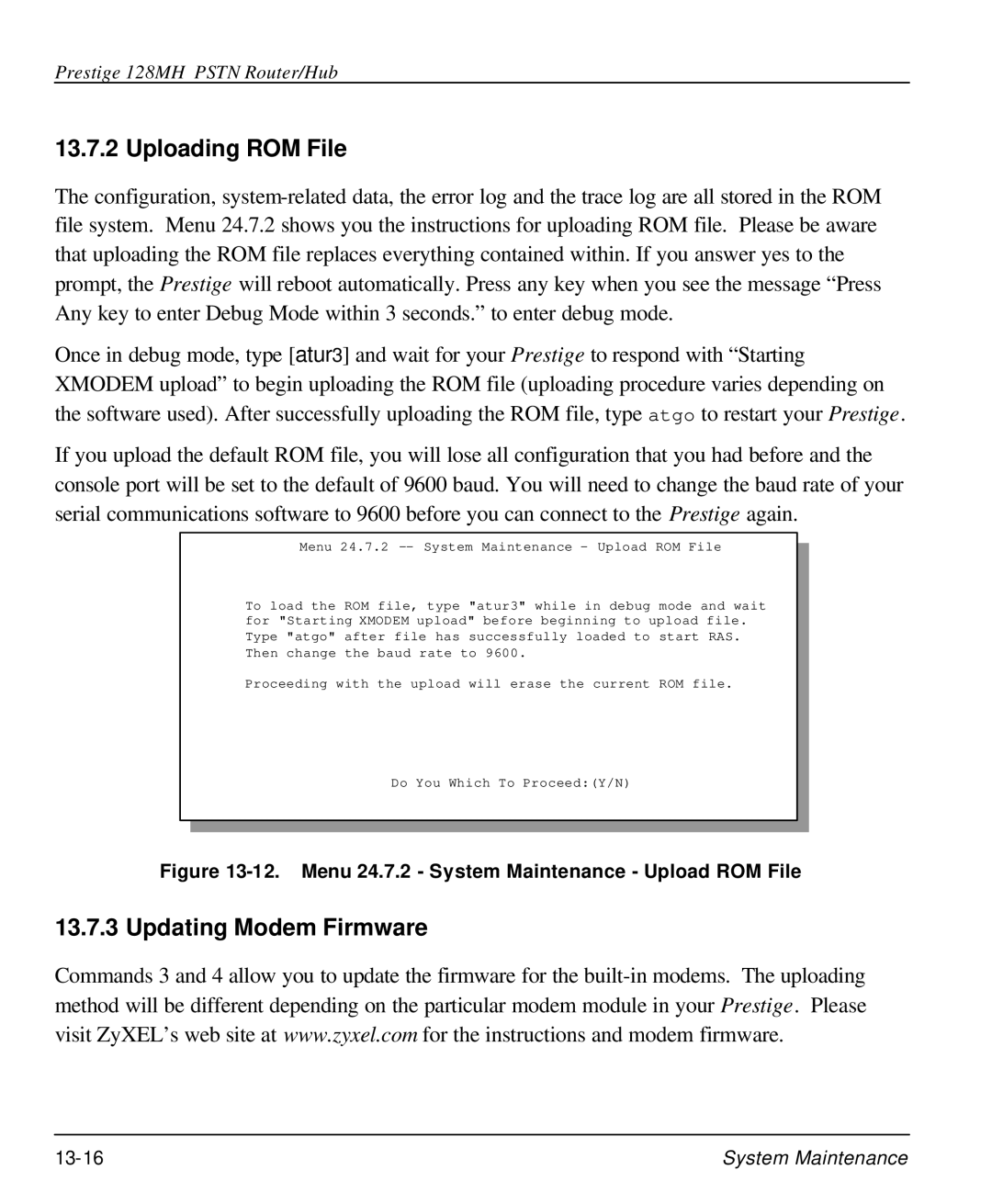 ZyXEL Communications 128MH user manual Uploading ROM File, Updating Modem Firmware 