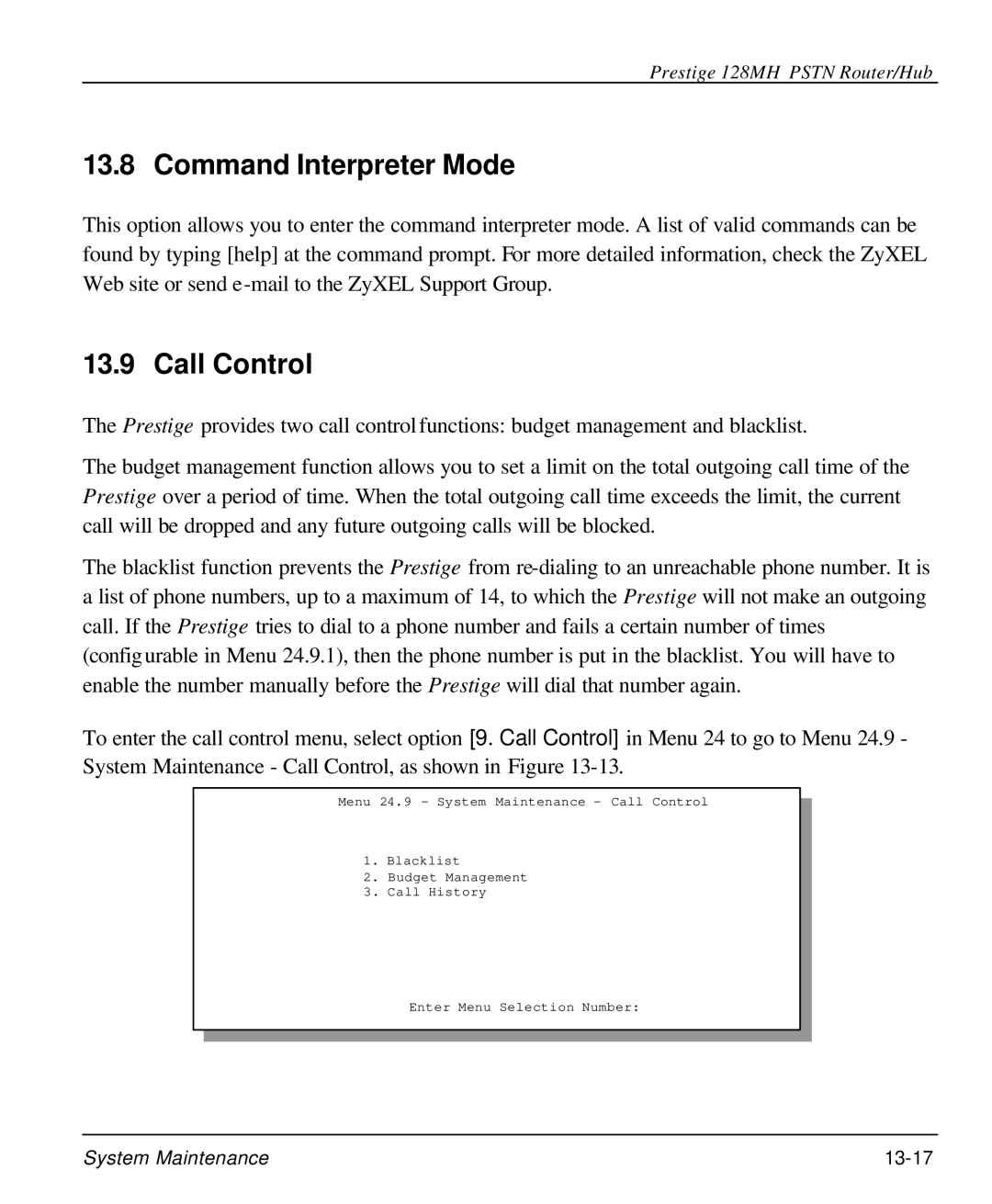 ZyXEL Communications 128MH user manual Command Interpreter Mode, Call Control 