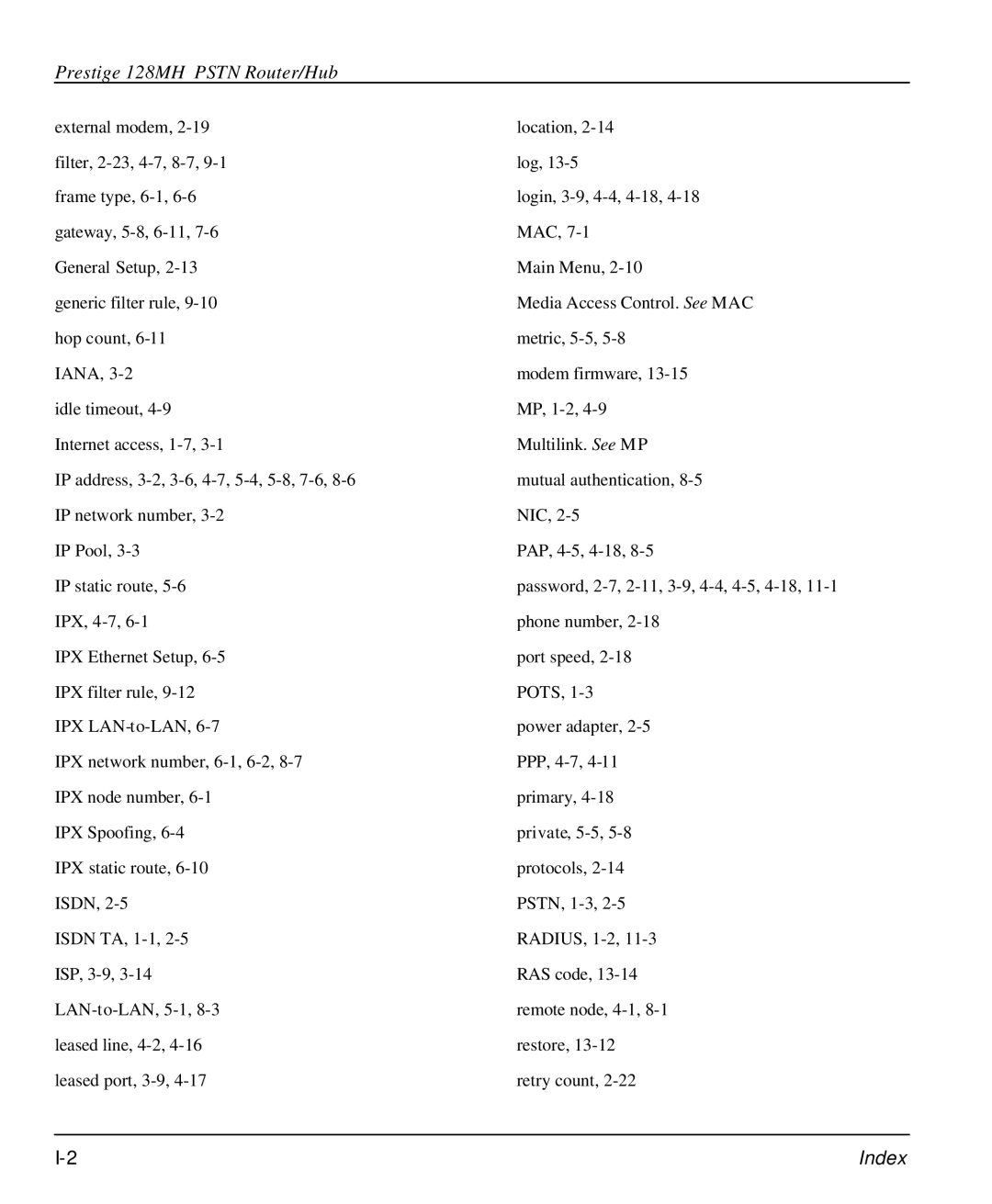 ZyXEL Communications 128MH user manual Index 