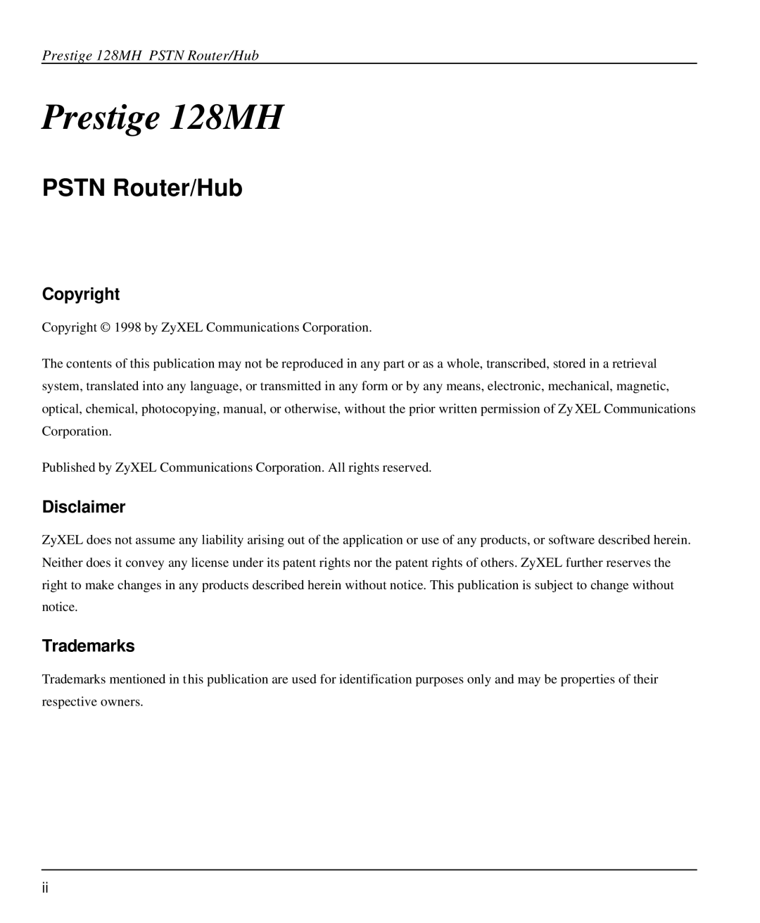 ZyXEL Communications user manual Prestige 128MH 