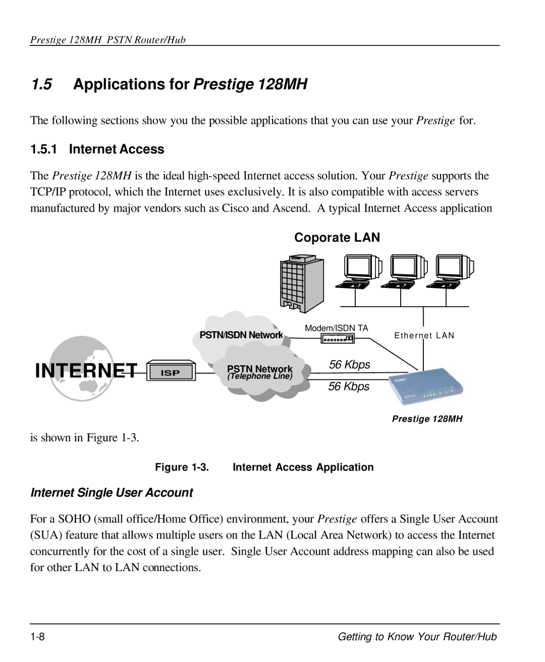 ZyXEL Communications user manual Applications for Prestige 128MH, Internet Access, PSTN/ISDN Network, Pstn Network 