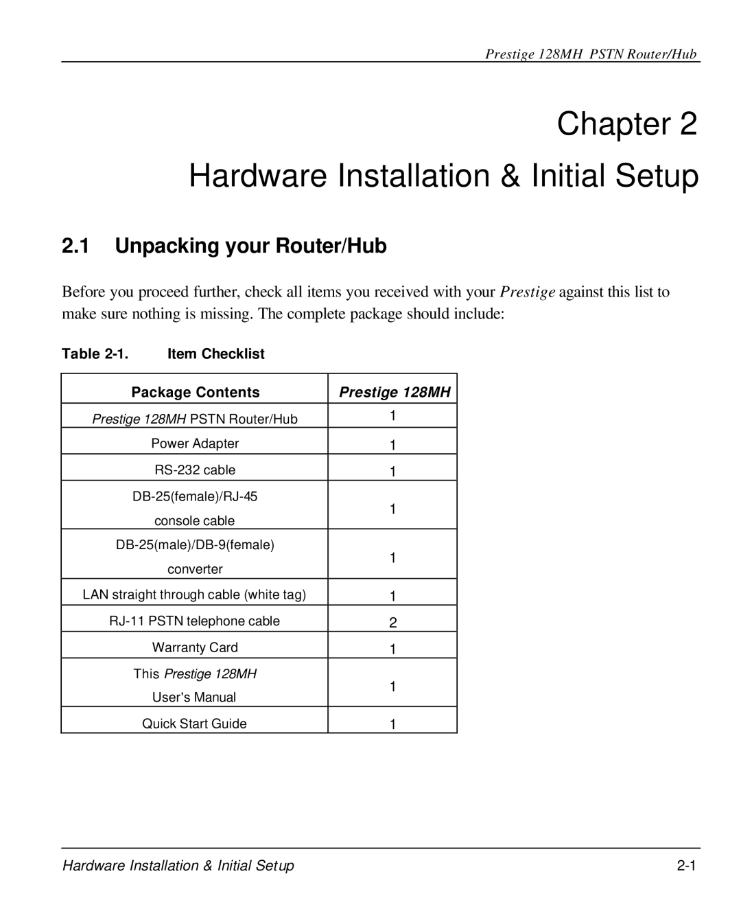 ZyXEL Communications 128MH user manual Chapter Hardware Installation & Initial Setup, Unpacking your Router/Hub 