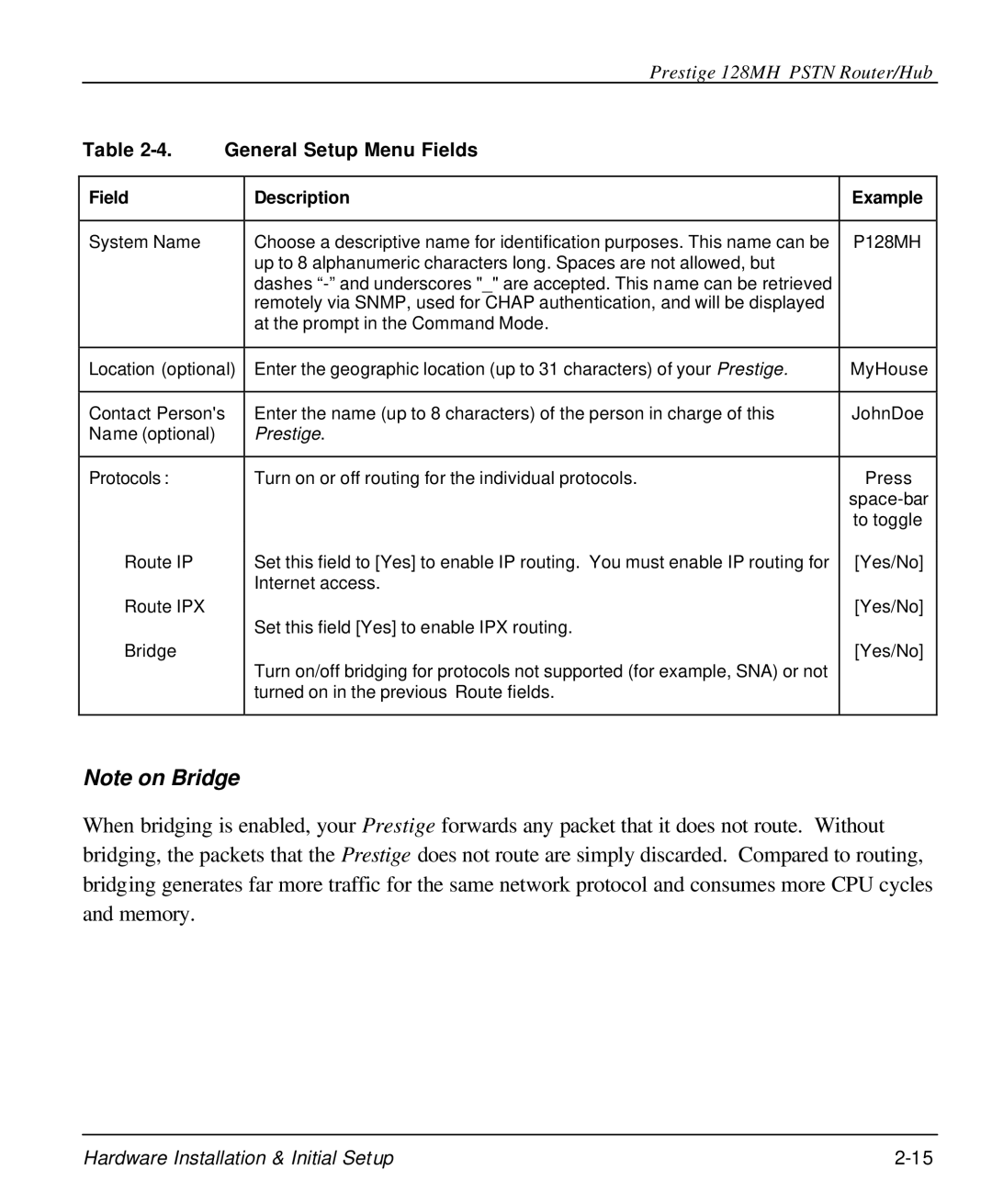 ZyXEL Communications 128MH user manual General Setup Menu Fields, Field Description 