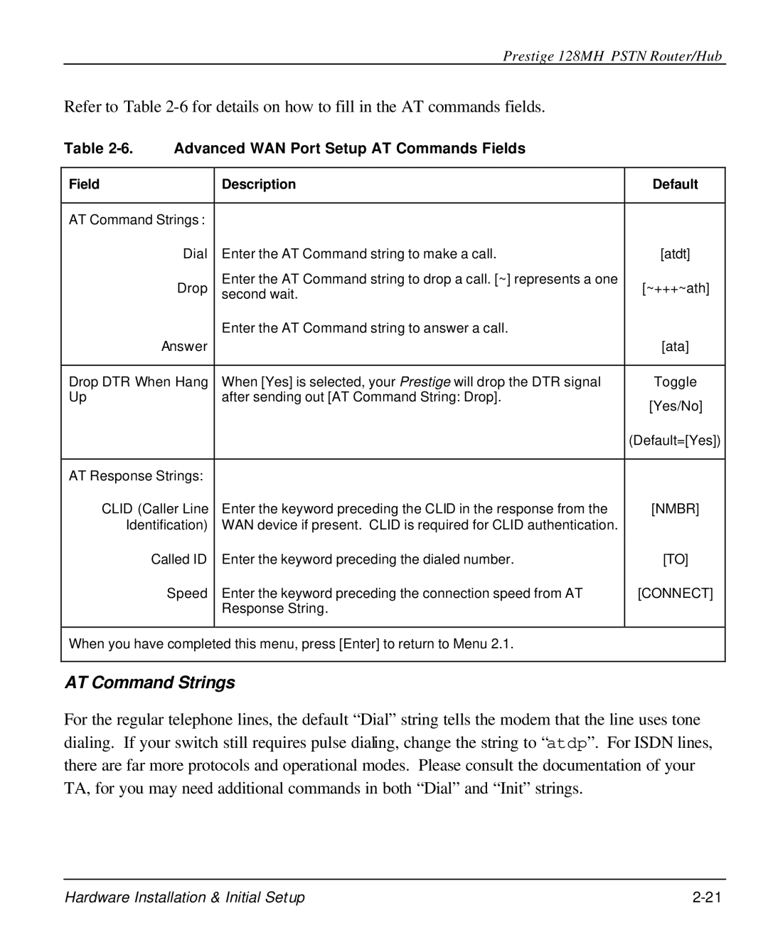 ZyXEL Communications 128MH user manual Advanced WAN Port Setup AT Commands Fields, Field Description Default 