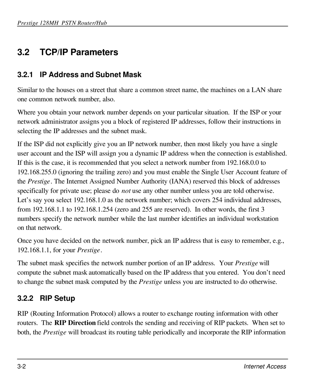 ZyXEL Communications 128MH user manual TCP/IP Parameters, IP Address and Subnet Mask, RIP Setup 