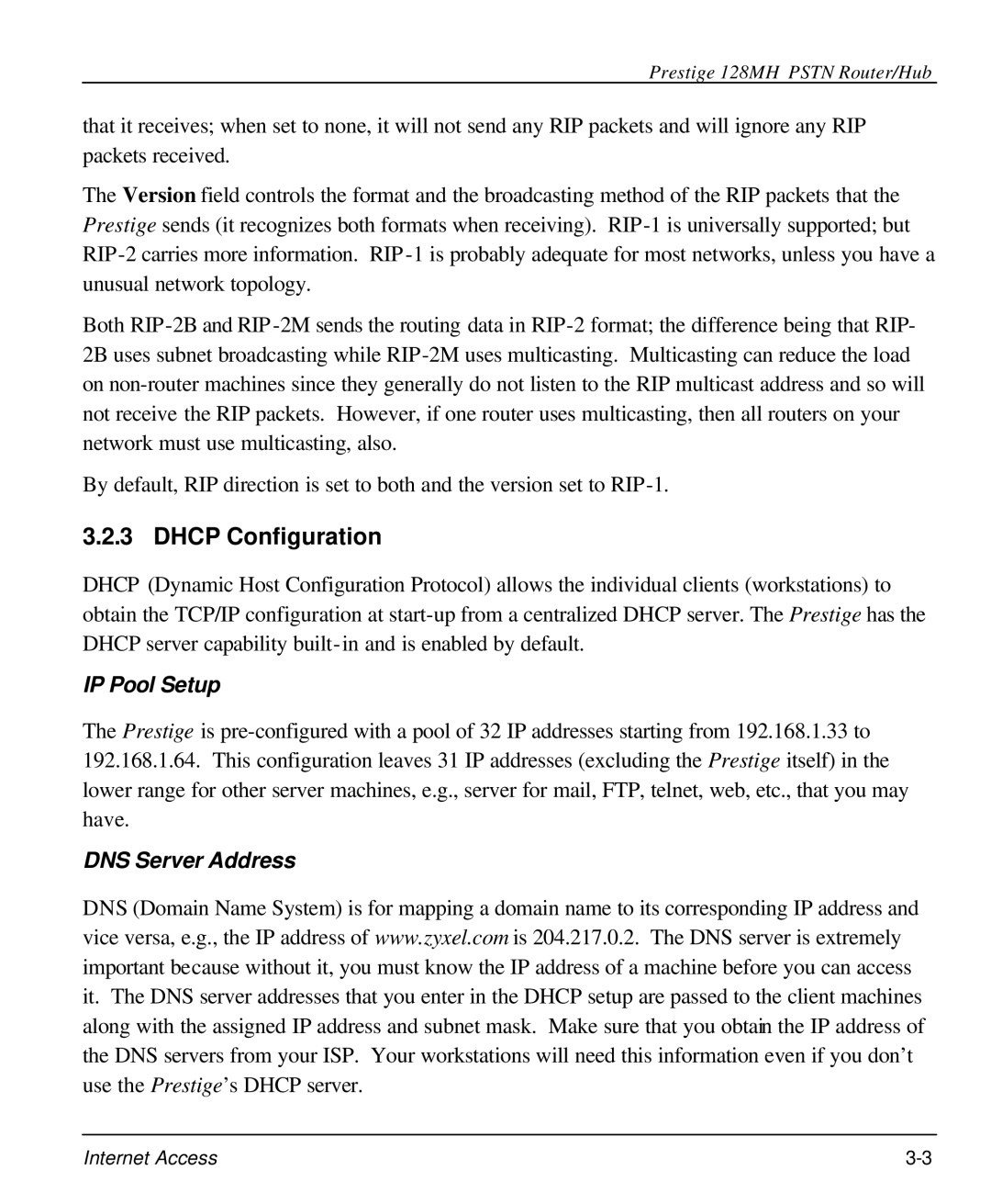 ZyXEL Communications 128MH user manual Dhcp Configuration, IP Pool Setup 