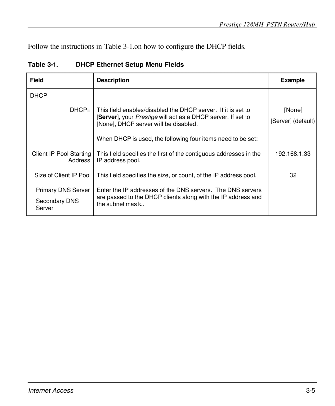 ZyXEL Communications 128MH user manual Dhcp Ethernet Setup Menu Fields, Dhcp DHCP= 